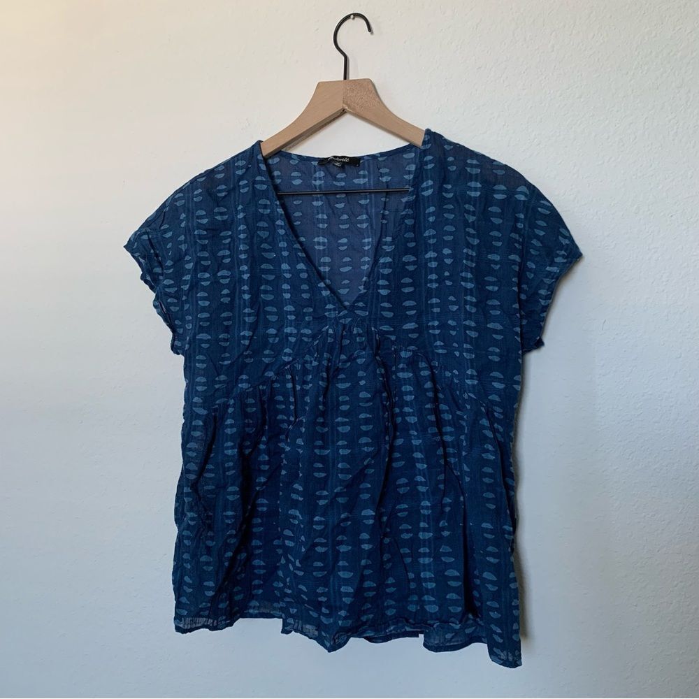 Madewell Shirred Top Indigo Blockprint XS - Picture 3 of 6